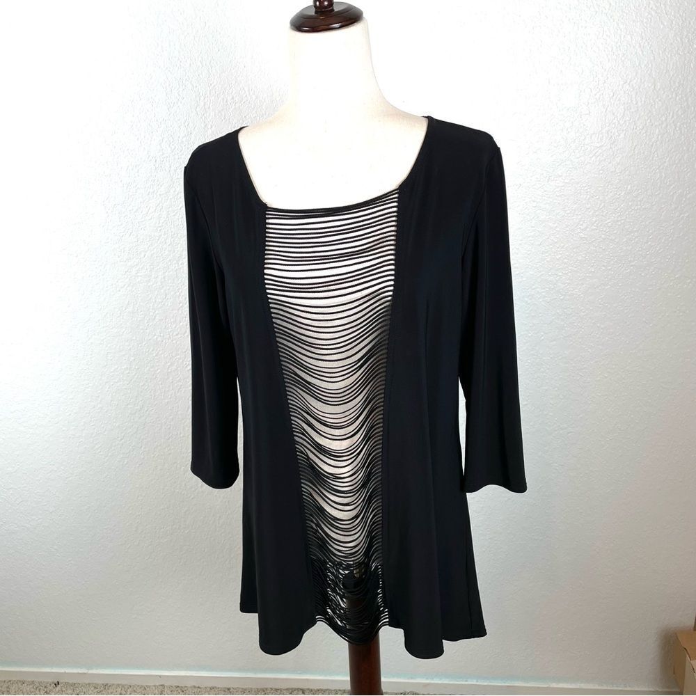 Joseph Ribkoff Tunic Women 10 Black String Front Back Hi-Low Hem 3/4 Sleeve Goth
